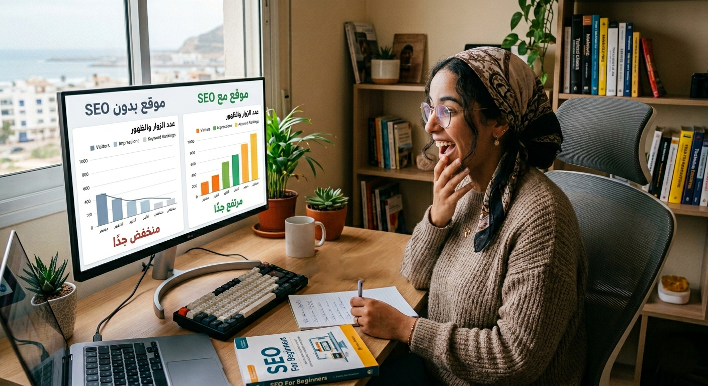مقارنة بين موقع بدون SEO وموقع مع SEO — ما هو SEO وأثره على ظهور الموقع في جوجل