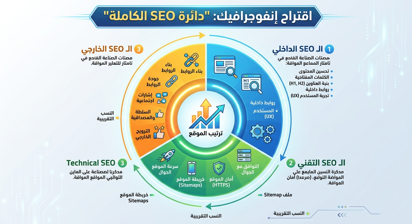 مخطط دائري يُظهر نسب تأثير كل من SEO الداخلي والخارجي والتقني على ترتيب الموقع 